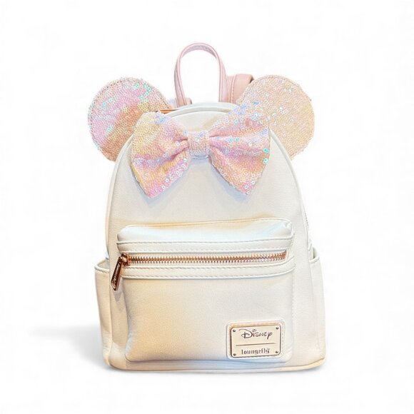 Loungefly Disney White Minnie Ears Sequin Iridescent Mini Backpack Bow Coquette - Picture 2 of 3